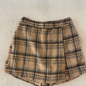 LUSH Plaid Wool-Blend Skort – Camel Check Mini Skirt Shorts
